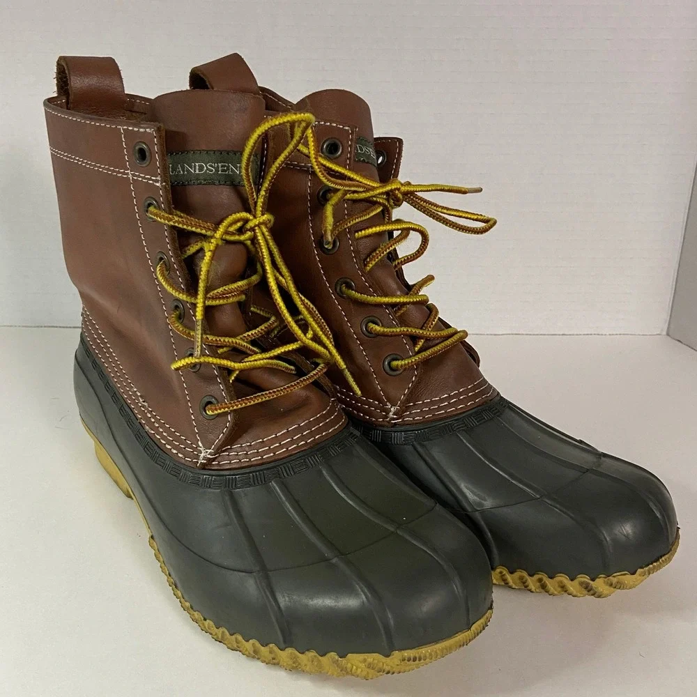 Lands End Womens 8B Duck Boots Brown Leather Green Rubber Rain Snow 393337